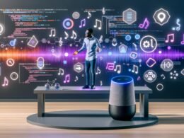 Futuristischer Arbeitsplatz mit Marketer, der per Sprachbefehl mit Smart Speaker arbeitet, umgeben von SoundCloud-Logos, Soundwellen, Voice Assistant Icons, Bildschirmen mit APIs und Analytics – kreative und technische Aspekte von SoundCloud Voice Assistant Skills.