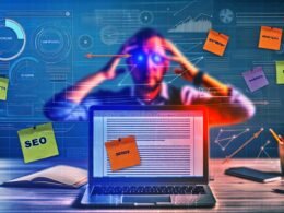 Modernes Büro mit Laptop und offenen Webartikel, umgeben von SEO-, Keyword- und Analytics-Notizzetteln; im Hintergrund eine erschöpfte Autorin mit Website-Statistiken und Ranking-Pfeilen.