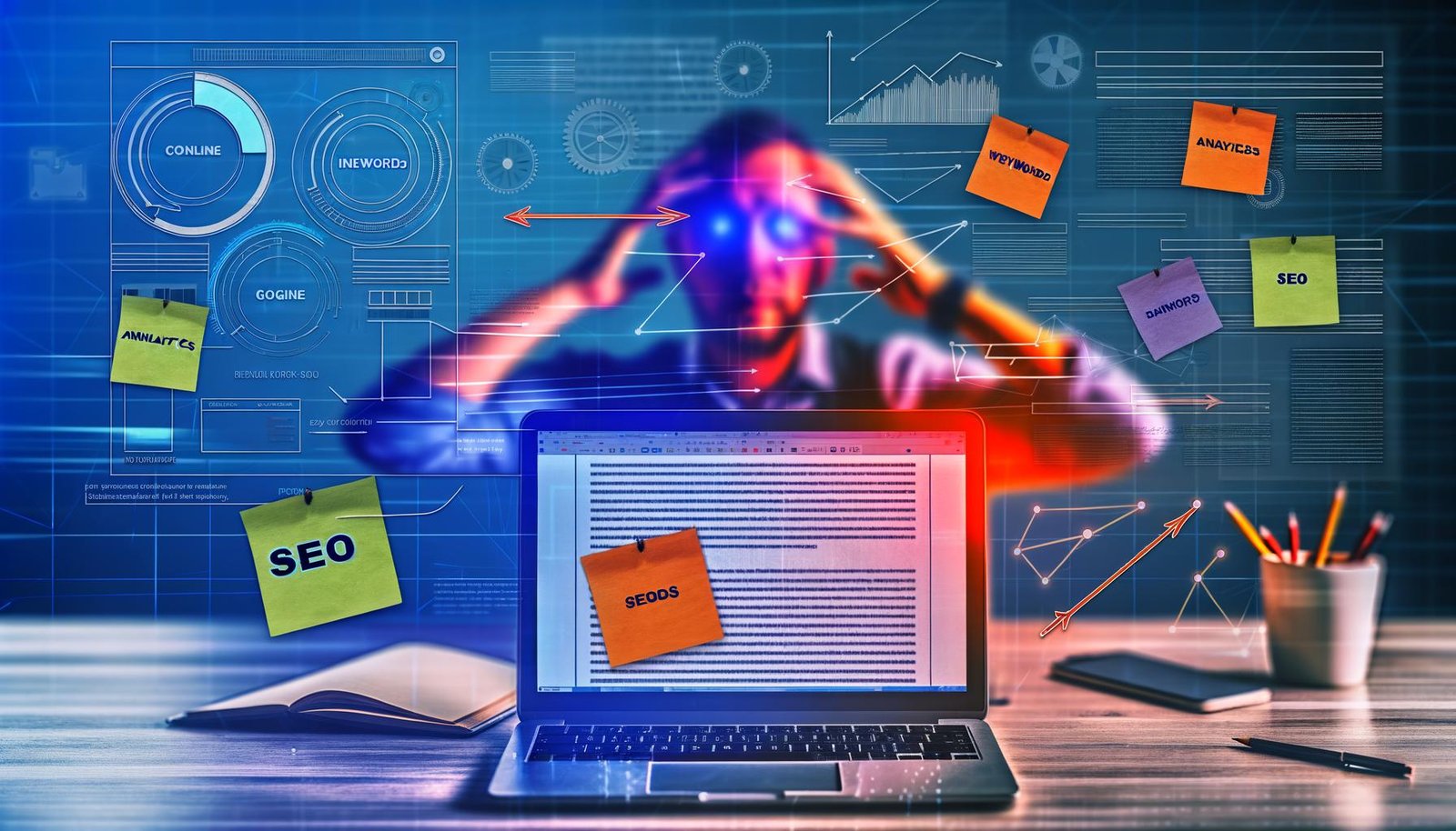 Modernes Büro mit Laptop und offenen Webartikel, umgeben von SEO-, Keyword- und Analytics-Notizzetteln; im Hintergrund eine erschöpfte Autorin mit Website-Statistiken und Ranking-Pfeilen.