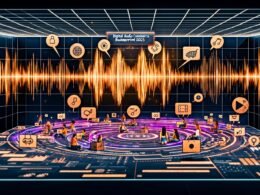 Futuristischer digitaler Arbeitsplatz von SoundCloud mit Audio-Wellen, Shopping-Symbolen, jungen kreativen Nutzern und moderner Commerce-Technologie.