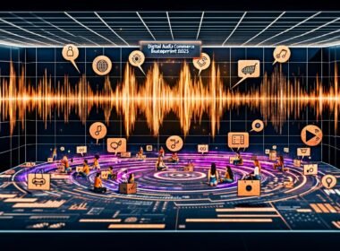 Futuristischer digitaler Arbeitsplatz von SoundCloud mit Audio-Wellen, Shopping-Symbolen, jungen kreativen Nutzern und moderner Commerce-Technologie.