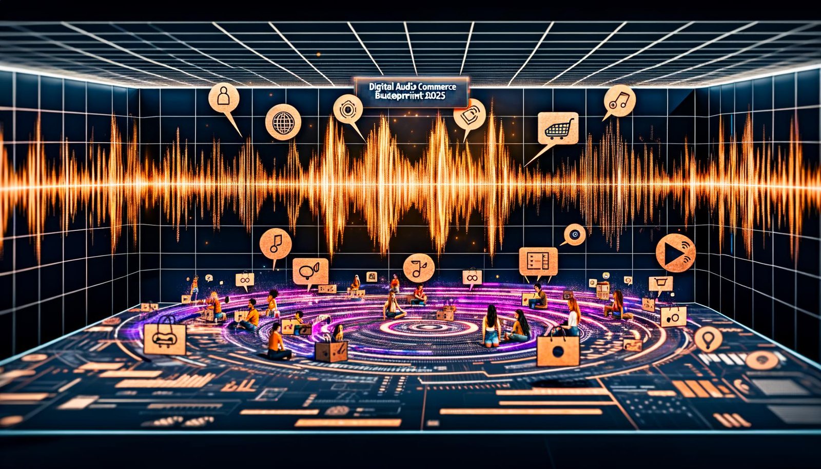 Futuristischer digitaler Arbeitsplatz von SoundCloud mit Audio-Wellen, Shopping-Symbolen, jungen kreativen Nutzern und moderner Commerce-Technologie.