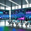 Futuristisches Marketingbüro mit mehreren Bildschirmen, die bunte und hochmoderne Datenvisualisierungen wie Balkendiagramme, Liniendiagramme und Heatmaps zeigen, umgeben von einem diversen Team vor Glaswänden mit Blick auf die Stadt.