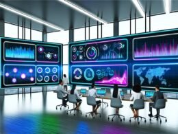 Futuristisches Marketingbüro mit mehreren Bildschirmen, die bunte und hochmoderne Datenvisualisierungen wie Balkendiagramme, Liniendiagramme und Heatmaps zeigen, umgeben von einem diversen Team vor Glaswänden mit Blick auf die Stadt.