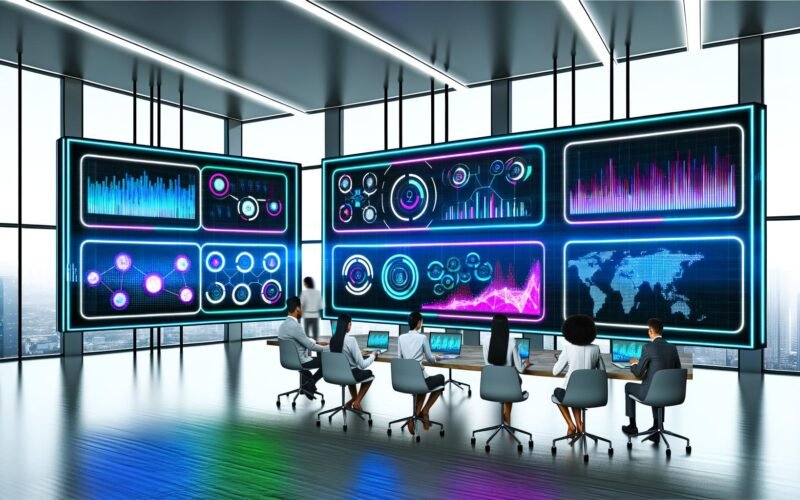 Futuristisches Marketingbüro mit mehreren Bildschirmen, die bunte und hochmoderne Datenvisualisierungen wie Balkendiagramme, Liniendiagramme und Heatmaps zeigen, umgeben von einem diversen Team vor Glaswänden mit Blick auf die Stadt.