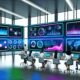 Futuristisches Marketingbüro mit mehreren Bildschirmen, die bunte und hochmoderne Datenvisualisierungen wie Balkendiagramme, Liniendiagramme und Heatmaps zeigen, umgeben von einem diversen Team vor Glaswänden mit Blick auf die Stadt.