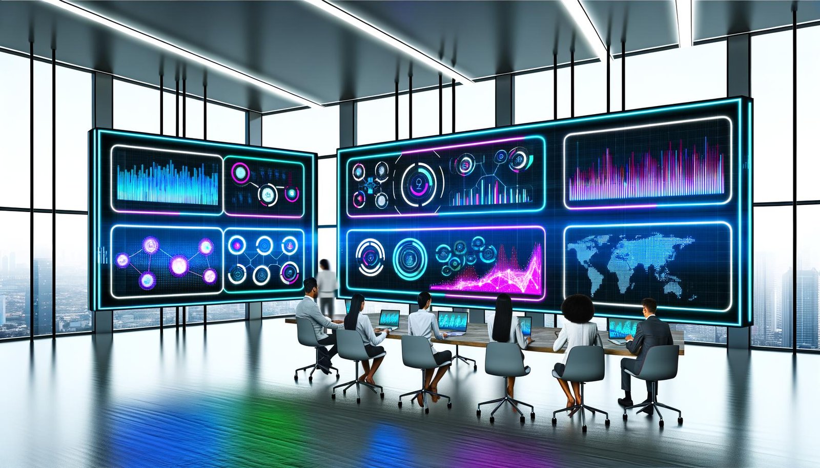 Futuristisches Marketingbüro mit mehreren Bildschirmen, die bunte und hochmoderne Datenvisualisierungen wie Balkendiagramme, Liniendiagramme und Heatmaps zeigen, umgeben von einem diversen Team vor Glaswänden mit Blick auf die Stadt.