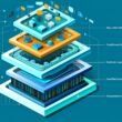 Konzeptuelle Illustration eines mehrschichtigen, isometrischen Datenvisualisierungsmodells mit Rohdaten, ETL-Schicht, semantischer Aggregation und modernen Dashboards in futuristischen Farben.