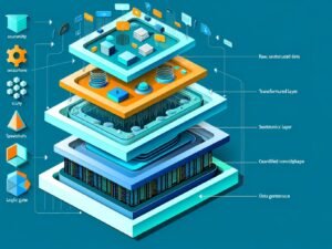 Konzeptuelle Illustration eines mehrschichtigen, isometrischen Datenvisualisierungsmodells mit Rohdaten, ETL-Schicht, semantischer Aggregation und modernen Dashboards in futuristischen Farben.