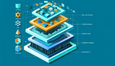 Konzeptuelle Illustration eines mehrschichtigen, isometrischen Datenvisualisierungsmodells mit Rohdaten, ETL-Schicht, semantischer Aggregation und modernen Dashboards in futuristischen Farben.