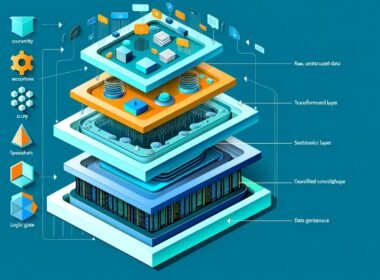 Konzeptuelle Illustration eines mehrschichtigen, isometrischen Datenvisualisierungsmodells mit Rohdaten, ETL-Schicht, semantischer Aggregation und modernen Dashboards in futuristischen Farben.