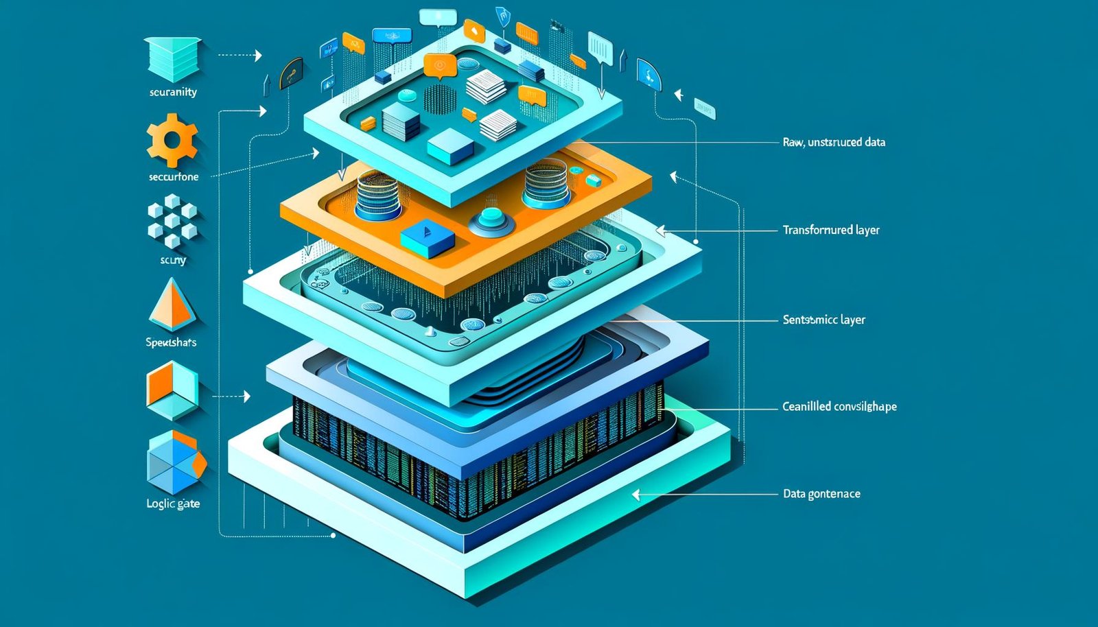 Konzeptuelle Illustration eines mehrschichtigen, isometrischen Datenvisualisierungsmodells mit Rohdaten, ETL-Schicht, semantischer Aggregation und modernen Dashboards in futuristischen Farben.