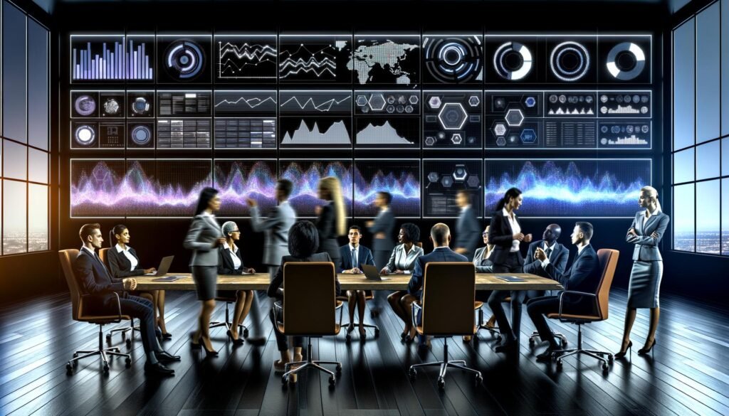 Dynamische Szene im modernen Kontrollzentrum, Analyst:innen diskutieren vor interaktiven Dashboards mit Datenvisualisierungen und KPIs.