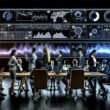 Dynamische Szene im modernen Kontrollzentrum, Analyst:innen diskutieren vor interaktiven Dashboards mit Datenvisualisierungen und KPIs.