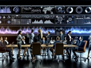 Dynamische Szene im modernen Kontrollzentrum, Analyst:innen diskutieren vor interaktiven Dashboards mit Datenvisualisierungen und KPIs.