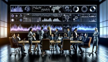 Dynamische Szene im modernen Kontrollzentrum, Analyst:innen diskutieren vor interaktiven Dashboards mit Datenvisualisierungen und KPIs.