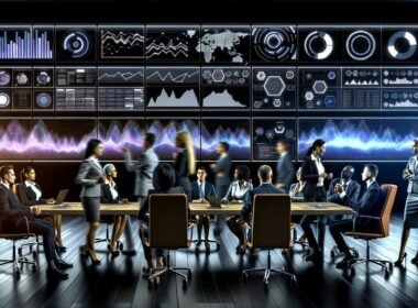 Dynamische Szene im modernen Kontrollzentrum, Analyst:innen diskutieren vor interaktiven Dashboards mit Datenvisualisierungen und KPIs.