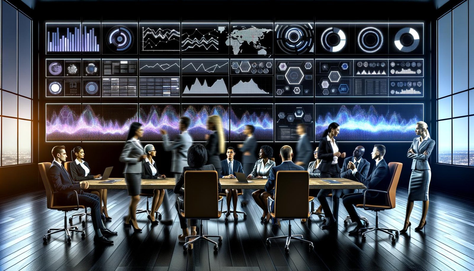 Dynamische Szene im modernen Kontrollzentrum, Analyst:innen diskutieren vor interaktiven Dashboards mit Datenvisualisierungen und KPIs.