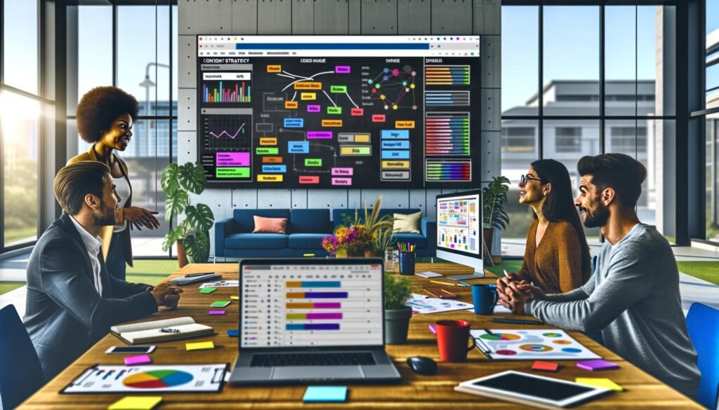 Drei Personen diskutieren fokussiert vor einem großen digitalen Kanban-Board in einem modernen Büro, mit sichtbaren Analyse-Dashboards, Keyword-Visualisierungen und Content-Mindmaps. Auf dem Tisch liegen Laptops, Notizbücher, Charts, ein Tablet mit SEO-Tools und bunte Post-its.