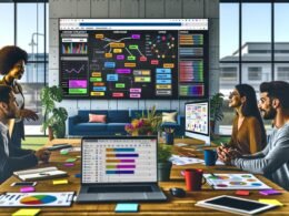 Drei Personen diskutieren fokussiert vor einem großen digitalen Kanban-Board in einem modernen Büro, mit sichtbaren Analyse-Dashboards, Keyword-Visualisierungen und Content-Mindmaps. Auf dem Tisch liegen Laptops, Notizbücher, Charts, ein Tablet mit SEO-Tools und bunte Post-its.