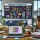 Drei Personen diskutieren fokussiert vor einem großen digitalen Kanban-Board in einem modernen Büro, mit sichtbaren Analyse-Dashboards, Keyword-Visualisierungen und Content-Mindmaps. Auf dem Tisch liegen Laptops, Notizbücher, Charts, ein Tablet mit SEO-Tools und bunte Post-its.