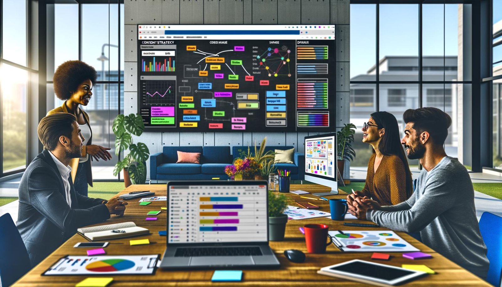Drei Personen diskutieren fokussiert vor einem großen digitalen Kanban-Board in einem modernen Büro, mit sichtbaren Analyse-Dashboards, Keyword-Visualisierungen und Content-Mindmaps. Auf dem Tisch liegen Laptops, Notizbücher, Charts, ein Tablet mit SEO-Tools und bunte Post-its.