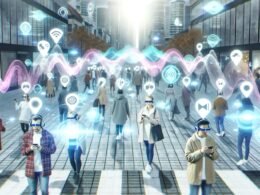 Menschen mit Kopfhörern und AR-Brillen gehen durch eine belebt-futuristische Stadt, während leuchtende Klangwellen, Icons und Audio-Layer als holographische Animationen um sie herum schimmern.