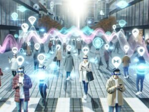 Menschen mit Kopfhörern und AR-Brillen gehen durch eine belebt-futuristische Stadt, während leuchtende Klangwellen, Icons und Audio-Layer als holographische Animationen um sie herum schimmern.