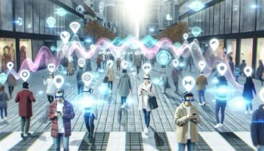 Menschen mit Kopfhörern und AR-Brillen gehen durch eine belebt-futuristische Stadt, während leuchtende Klangwellen, Icons und Audio-Layer als holographische Animationen um sie herum schimmern.