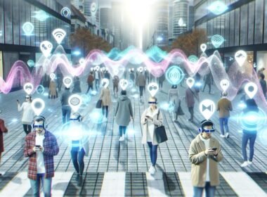 Menschen mit Kopfhörern und AR-Brillen gehen durch eine belebt-futuristische Stadt, während leuchtende Klangwellen, Icons und Audio-Layer als holographische Animationen um sie herum schimmern.