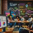 Redaktionsszene mit Content-Stratege vor bunten KPI-Dashboards und Teamarbeit am Whiteboard in einem offenen Büro