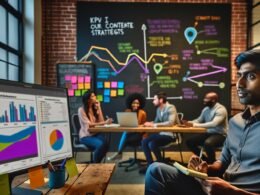Redaktionsszene mit Content-Stratege vor bunten KPI-Dashboards und Teamarbeit am Whiteboard in einem offenen Büro