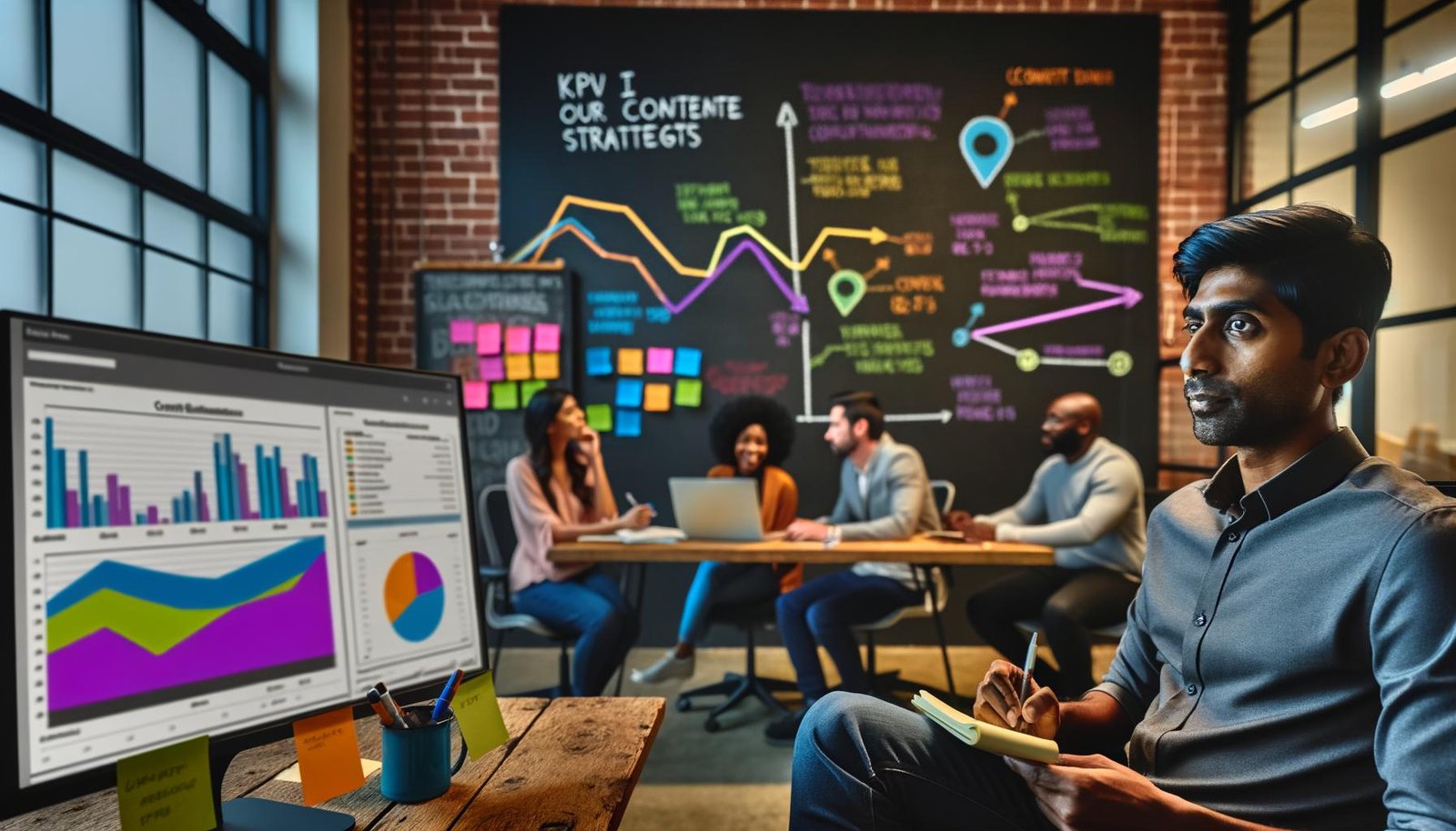Redaktionsszene mit Content-Stratege vor bunten KPI-Dashboards und Teamarbeit am Whiteboard in einem offenen Büro