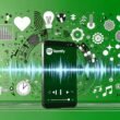 Illustration eines Smartphones mit geöffneter Spotify-App und pulsierenden Soundwellen, umgeben von Symbolen für Algorithmen, Playlists, Tageszeiten, Stimmungen und Standort auf grünem Hintergrund mit digitalen Vernetzungs- und Machine-Learning-Icons.