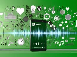 Illustration eines Smartphones mit geöffneter Spotify-App und pulsierenden Soundwellen, umgeben von Symbolen für Algorithmen, Playlists, Tageszeiten, Stimmungen und Standort auf grünem Hintergrund mit digitalen Vernetzungs- und Machine-Learning-Icons.