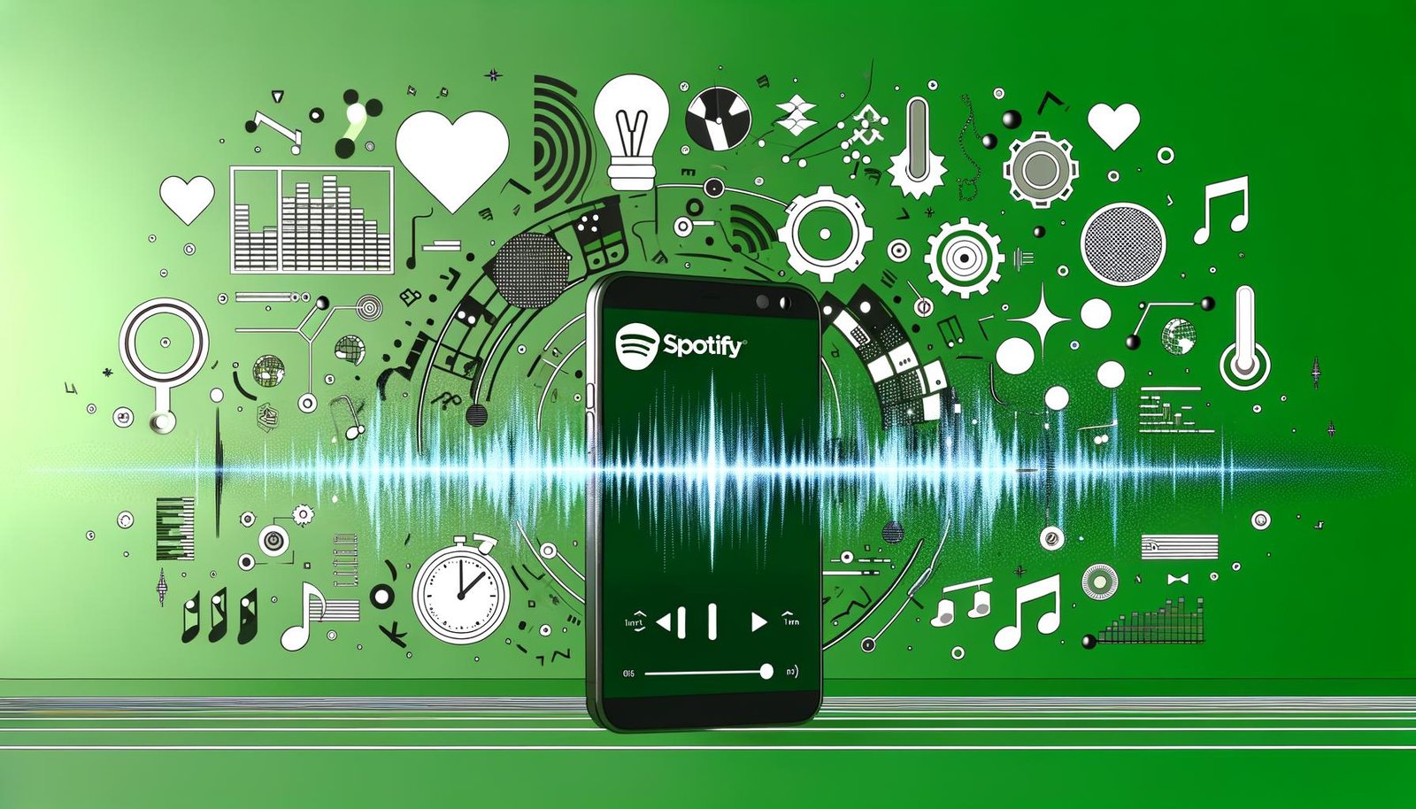 Illustration eines Smartphones mit geöffneter Spotify-App und pulsierenden Soundwellen, umgeben von Symbolen für Algorithmen, Playlists, Tageszeiten, Stimmungen und Standort auf grünem Hintergrund mit digitalen Vernetzungs- und Machine-Learning-Icons.