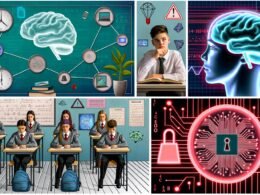 Futuristisches Klassenzimmer mit Schülern an Hightech-Tischen, dezenten Wearables am Kopf, holografischen Bildschirmen mit Lernstatistiken; Neurochip-Detailaufnahme, gestresster Schüler mit roten Datenströmen, Vergleich moderner Neurochips und BCI-Headset, Diskussionsrunde zu Ethikthemen und Infografik zu zukünftigen Entwicklungen.