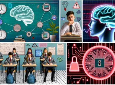 Futuristisches Klassenzimmer mit Schülern an Hightech-Tischen, dezenten Wearables am Kopf, holografischen Bildschirmen mit Lernstatistiken; Neurochip-Detailaufnahme, gestresster Schüler mit roten Datenströmen, Vergleich moderner Neurochips und BCI-Headset, Diskussionsrunde zu Ethikthemen und Infografik zu zukünftigen Entwicklungen.