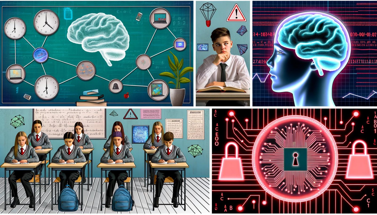 Futuristisches Klassenzimmer mit Schülern an Hightech-Tischen, dezenten Wearables am Kopf, holografischen Bildschirmen mit Lernstatistiken; Neurochip-Detailaufnahme, gestresster Schüler mit roten Datenströmen, Vergleich moderner Neurochips und BCI-Headset, Diskussionsrunde zu Ethikthemen und Infografik zu zukünftigen Entwicklungen.