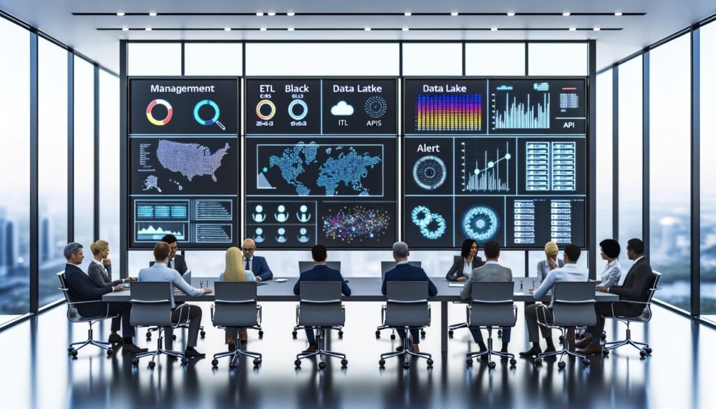 Helles, modernes Büro mit Entscheidungsträgern am Konferenztisch, umgeben von Touchscreens und Monitoren mit farbigen Dashboards, Heatmaps, Netzwerkgraphs, Live-Datenströmen und technischen Infrastrukturelementen wie Serverracks und Cloud-Symbolen.