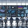 Helles, modernes Büro mit Entscheidungsträgern am Konferenztisch, umgeben von Touchscreens und Monitoren mit farbigen Dashboards, Heatmaps, Netzwerkgraphs, Live-Datenströmen und technischen Infrastrukturelementen wie Serverracks und Cloud-Symbolen.