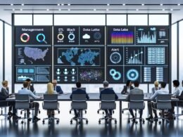 Helles, modernes Büro mit Entscheidungsträgern am Konferenztisch, umgeben von Touchscreens und Monitoren mit farbigen Dashboards, Heatmaps, Netzwerkgraphs, Live-Datenströmen und technischen Infrastrukturelementen wie Serverracks und Cloud-Symbolen.