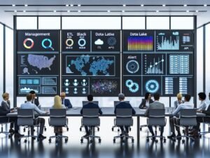 Helles, modernes Büro mit Entscheidungsträgern am Konferenztisch, umgeben von Touchscreens und Monitoren mit farbigen Dashboards, Heatmaps, Netzwerkgraphs, Live-Datenströmen und technischen Infrastrukturelementen wie Serverracks und Cloud-Symbolen.