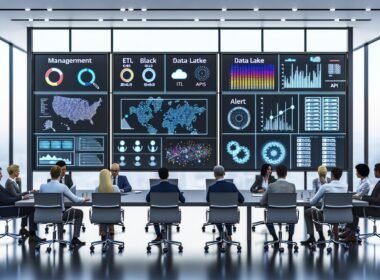 Helles, modernes Büro mit Entscheidungsträgern am Konferenztisch, umgeben von Touchscreens und Monitoren mit farbigen Dashboards, Heatmaps, Netzwerkgraphs, Live-Datenströmen und technischen Infrastrukturelementen wie Serverracks und Cloud-Symbolen.