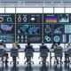 Helles, modernes Büro mit Entscheidungsträgern am Konferenztisch, umgeben von Touchscreens und Monitoren mit farbigen Dashboards, Heatmaps, Netzwerkgraphs, Live-Datenströmen und technischen Infrastrukturelementen wie Serverracks und Cloud-Symbolen.