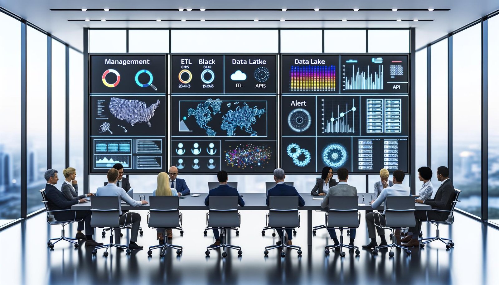 Helles, modernes Büro mit Entscheidungsträgern am Konferenztisch, umgeben von Touchscreens und Monitoren mit farbigen Dashboards, Heatmaps, Netzwerkgraphs, Live-Datenströmen und technischen Infrastrukturelementen wie Serverracks und Cloud-Symbolen.