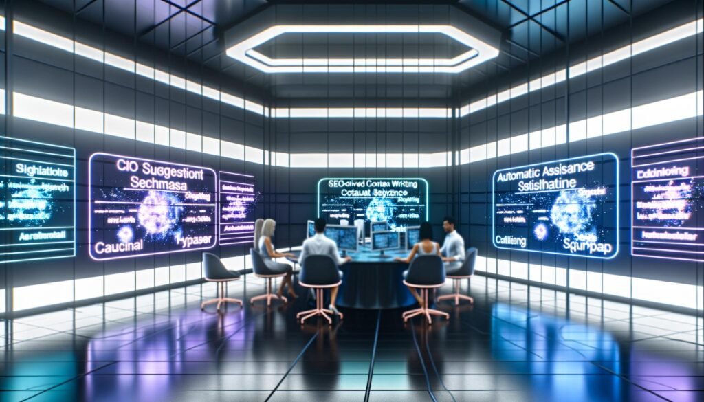 Futuristisches Büro mit holografischen Displays, KI-Tools wie Jasper, Neuroflash und Surfer sowie kreativen Mitarbeitenden an modernen Laptops und Touchscreens.