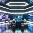 Futuristisches Büro mit holografischen Displays, KI-Tools wie Jasper, Neuroflash und Surfer sowie kreativen Mitarbeitenden an modernen Laptops und Touchscreens.