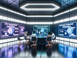 Futuristisches Büro mit holografischen Displays, KI-Tools wie Jasper, Neuroflash und Surfer sowie kreativen Mitarbeitenden an modernen Laptops und Touchscreens.