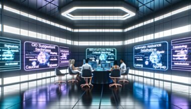 Futuristisches Büro mit holografischen Displays, KI-Tools wie Jasper, Neuroflash und Surfer sowie kreativen Mitarbeitenden an modernen Laptops und Touchscreens.